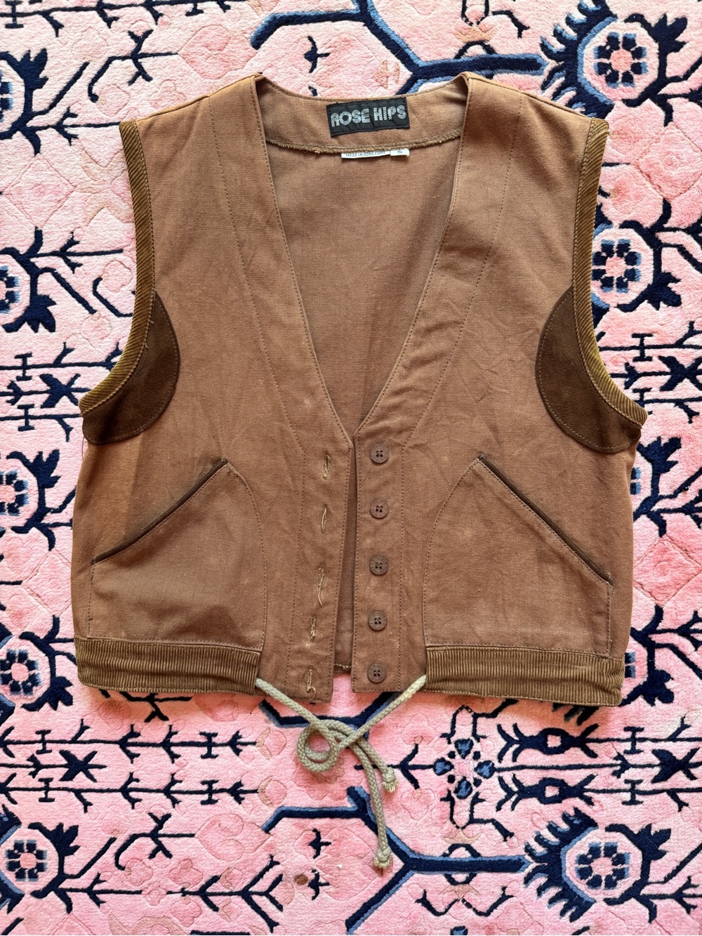 Vintage Brown Sleeveless Cotton Vest with Elbow Patches